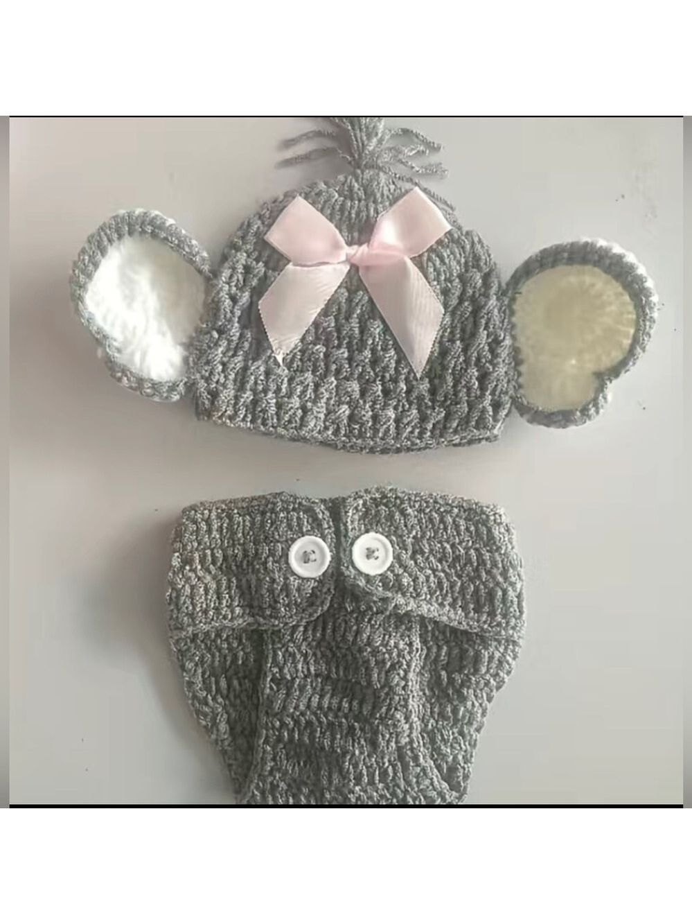 Newborn Elephant Knit Gray Pink Bow Outfit